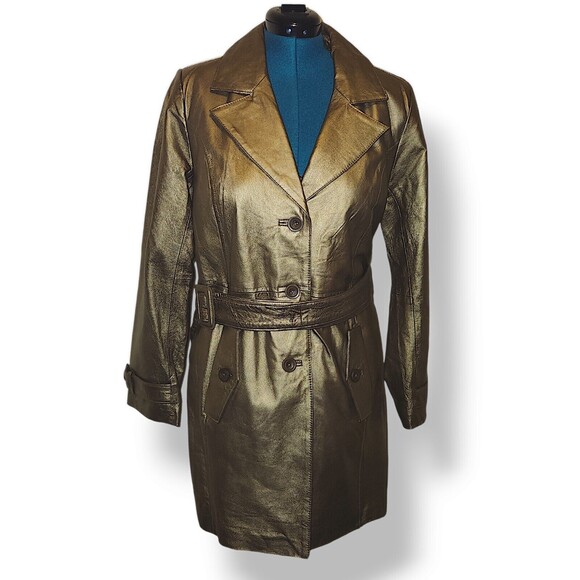 Metallic Bronze Gold LEATHER trench coat - Picture 1 of 7